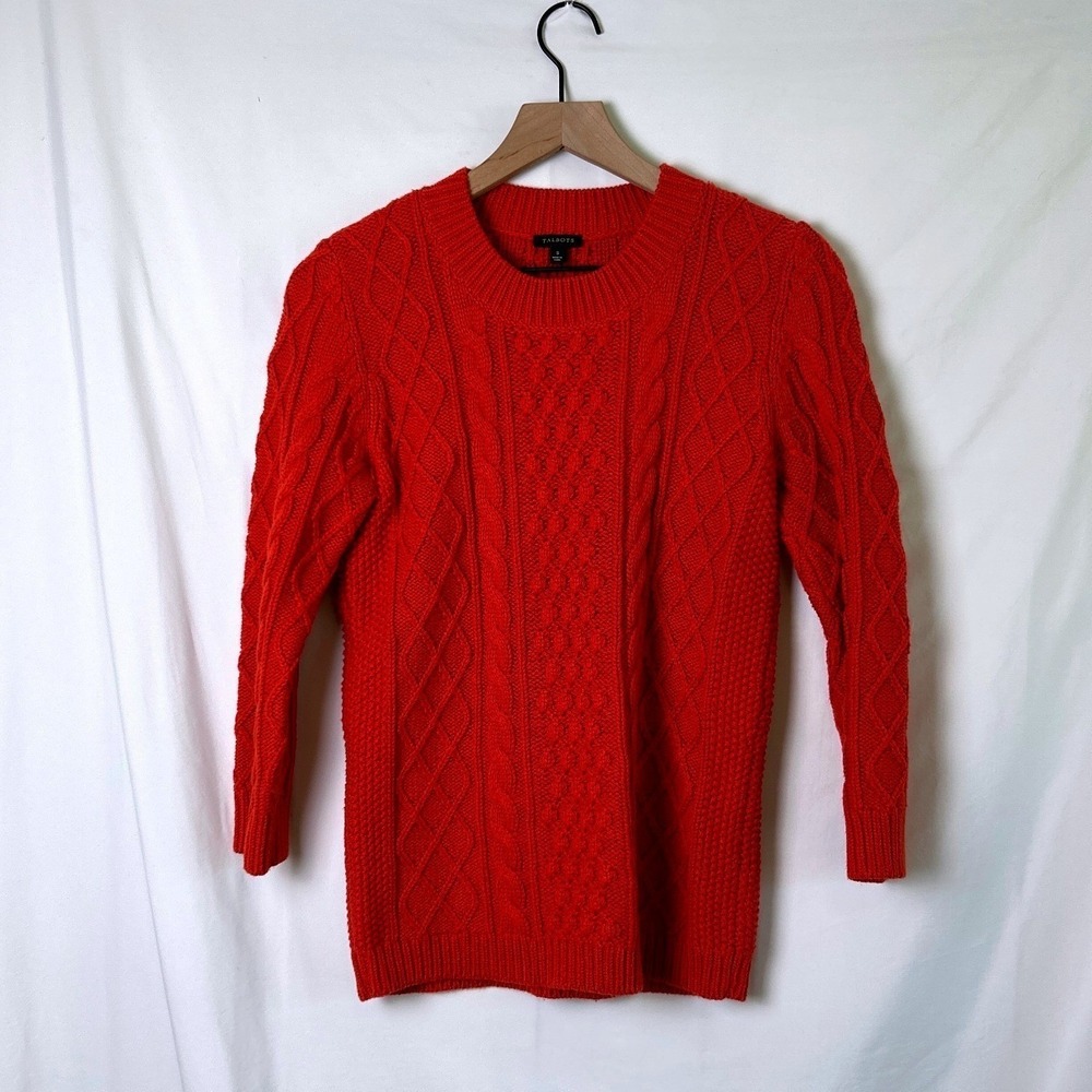 Talbots Women Sweater Orange Red Size S Cable Knit Wool Blend Crew Neck Pullover